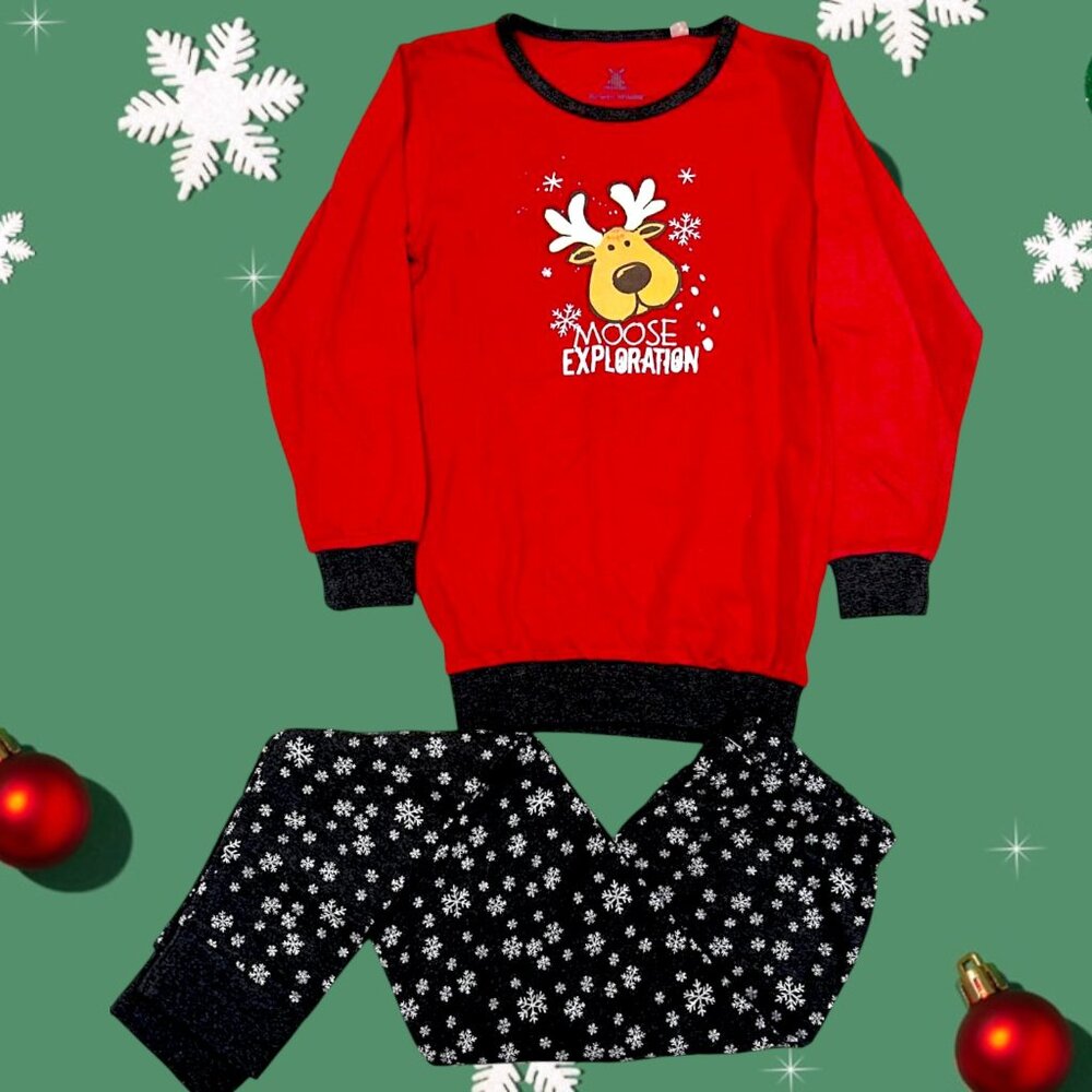 Kids Moose Exploration Christmas Pajama Set – Red Reindeer Top & Snowflake Pants - Picture 3 of 5